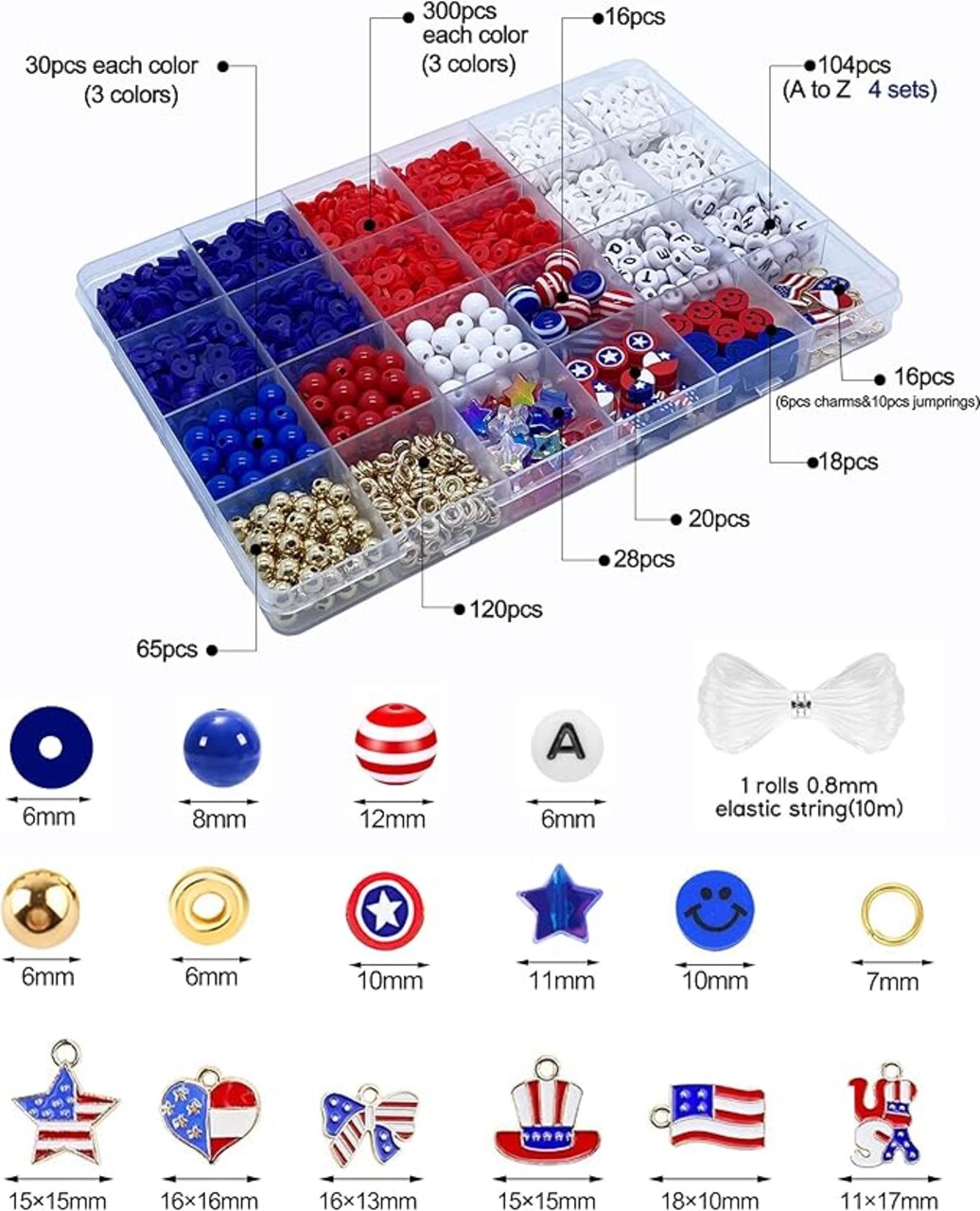 Red White Blue Beads Bracelet Making Kit, 3000+ 4th of July Clay Beads Heishi Round Acrylic Gold Spacer Letter Bead for Jewelry Making Kit with Charms